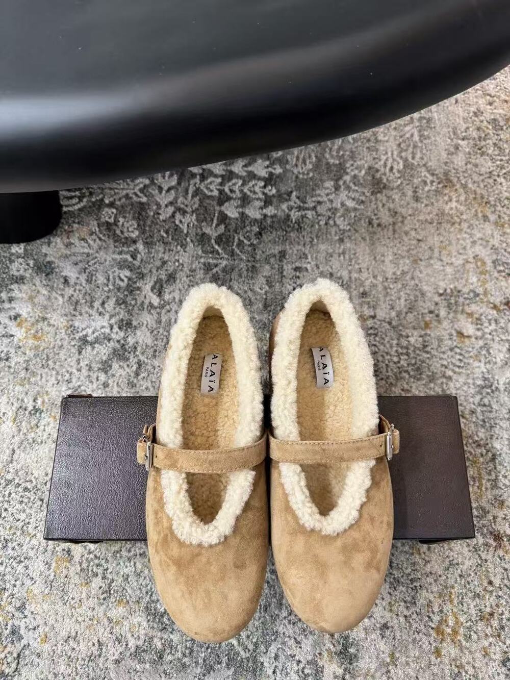 Alaia Shearling Lined Suede Mary Jane Flats